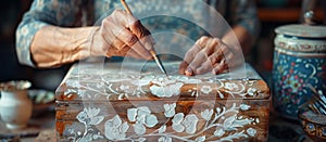 Woman Painting Wooden Box With White Flowers