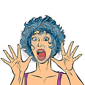 Woman panic, fear, surprise gesture. Girls 80s photo