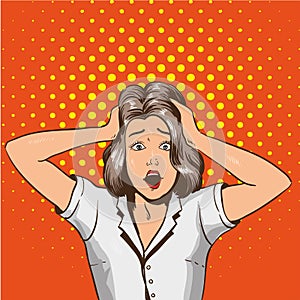Woman in panic. Vector illustration in pop art retro style. Stressed girl in shock grabs her head in hands