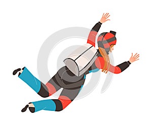 Woman Parachutist Skydiving and Free-falling in the Air Descenting on the Earth Vector Illustration