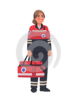 Woman paramedic in full length on a white background with a first aid bag. Emergency ambulance worker