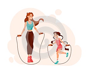 Woman Parent with Her Daughter Skipping Rope Doing Sport and Physical Exercise Vector Illustration