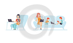 Woman Parent Working from Home and Nursing Children Combining Job and Family Duty Vector Set