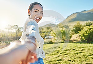 Woman, park portrait and pov for holding hands, romance and love on nature adventure in sunshine. Girl, summer and