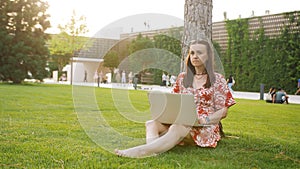 A woman in a park under a tree is typing text on a laptop. The concept writer is writing a book in the park.