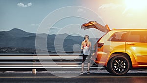 Woman parking her car on the side of the road in exercise clothes