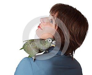 Woman with parrot on shoulder