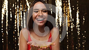 Woman At Party Celebration, Blowing Glitter Confetti From Hands
