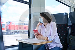 Woman passenger in medical face mask is sitting inside train