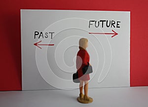 Woman past and future decision choice concept. Little female figurine annd past or future path way