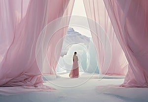 Woman in a pastel pink dress in the ice cave with curtains.