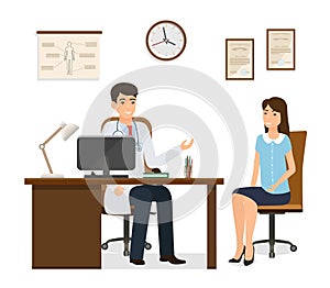 Woman patient at doctors consultation in clinic office. Male doctor in uniform consulting female patient character