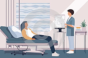 A woman patient is undergoing an EEG scan in a hospital, while a male doctor is examining her in a neurology clinic. Vector