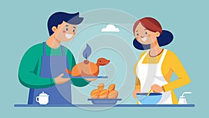 A woman patiently teaching her partner how to properly bread chicken lets for frying.. Vector illustration. photo