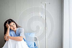 Woman patients, is upset and sitting in patient`s bed with alone