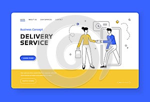 Woman paying for online order to courier. Banner template