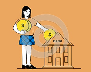 A woman pays a Bank loan. Payday, Deposit date. A woman gives gold coins to the Bank