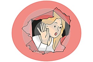 Woman peep through hole curious for gossips