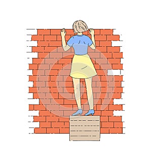 Woman peeping from behind wall. Girl stands on box and peeps at someone through brick fence. Surprised smiling looking characters