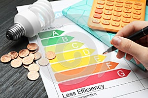 Woman with pen, energy efficiency rating chart, coins, light bulb and calculator at table