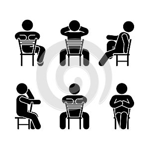 Woman people various sitting position. Posture stick figure.