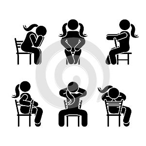 Woman people various sitting position. Posture stick figure. Vector seated person icon symbol sign pictogram on white.