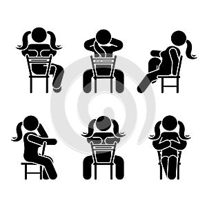 Woman people various sitting position. Posture stick figure. Vector seated person icon symbol sign pictogram on white.