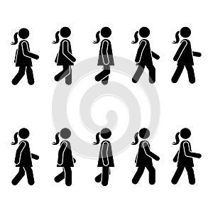 Woman people various walking position. Posture stick figure. Vector standing person icon symbol sign pictogram on white.