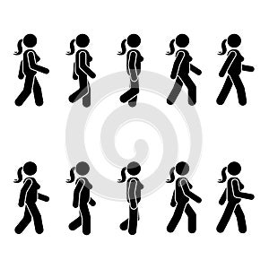 Woman people various walking position. Posture stick figure. Vector standing person icon symbol sign pictogram on white.