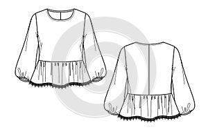 woman peplum top with ruffle and lace details technical drawing
