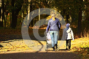 Woman with perambulator and elder child in park