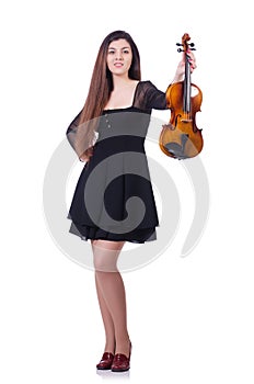 Woman performer playing violin on white