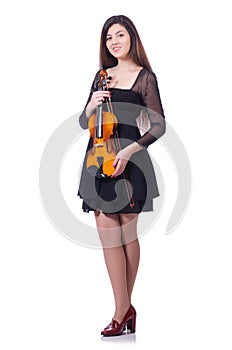 Woman performer playing violin on white