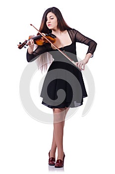 Woman performer playing violin on white