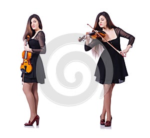 The woman performer playing violin on white