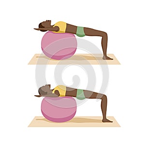 Woman is performing a chest exercise on a fit ball. The movement involves pressing down on the ball with her forearms