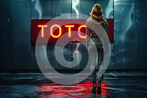 Woman performing in front of a midnight blue Toto neon sign