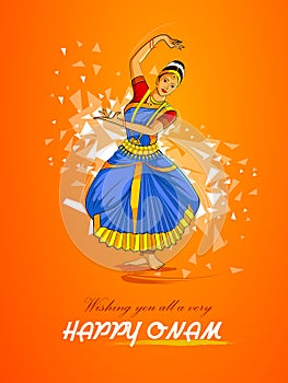 Woman performing Mohiniyattam dance for Happy Onam festival of South India Kerala background