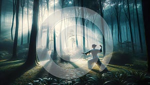 Woman performing Tai chi in woods with a beautiful sunlight
