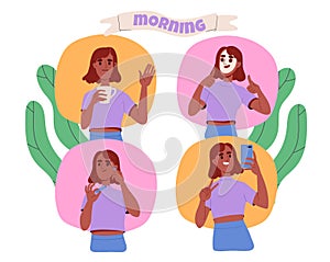 Woman performing various morning routine actions