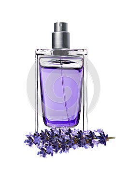 Woman perfume in beautiful bottle and lavender flowers