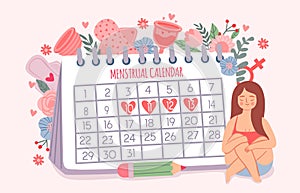 Woman and period calendar. Female check dates of menstruation cycle. Calendar schedule for critical days and hygiene