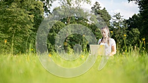 Woman person business nature outside with online technology. Computer outdoor. Student girl working on laptop, tablet in