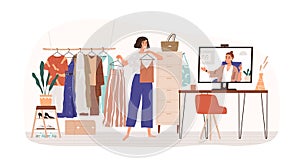 Woman personal stylist consulting client online vector flat illustration. Female demonstrate clothes to computer