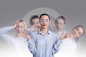 Woman with personality disorder on light background, multiple exposure photo