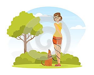 Woman Pet Owner Walking Her Dog on Green Lawn with Leash Twisted Around Her Body Vector Illustration