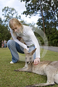 Woman petting kangaroo at Australia Zoo