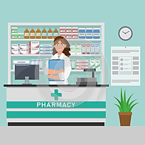 Woman pharmacist holding prescription checking medicine in the pharmacy. Health Care concept