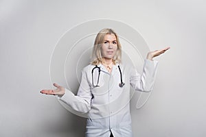 Woman pharmacist on white background