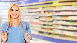 Woman pharmacist working at pharmacy.